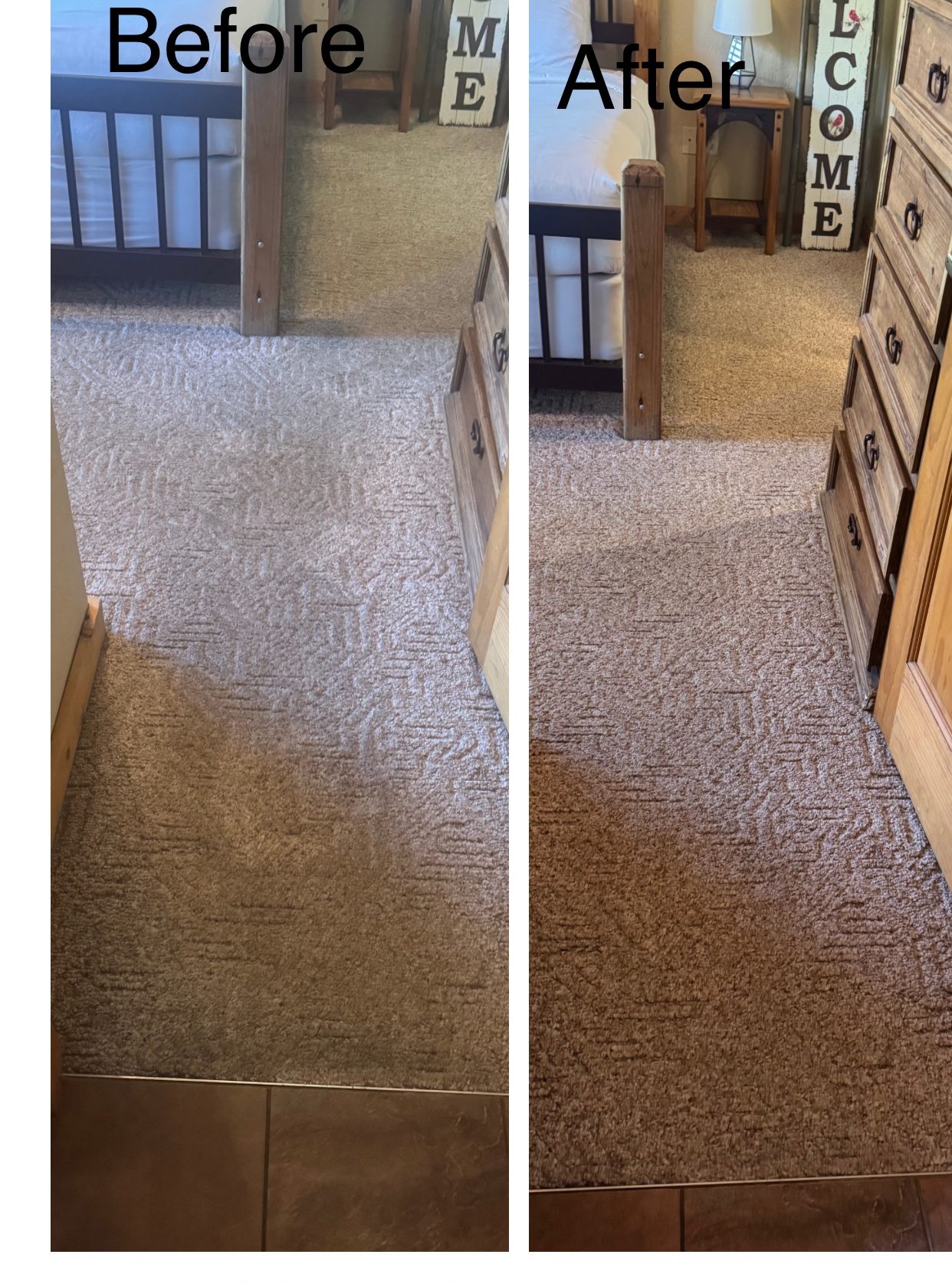 Before and after photos showing carpet cleaning results in a hallway.