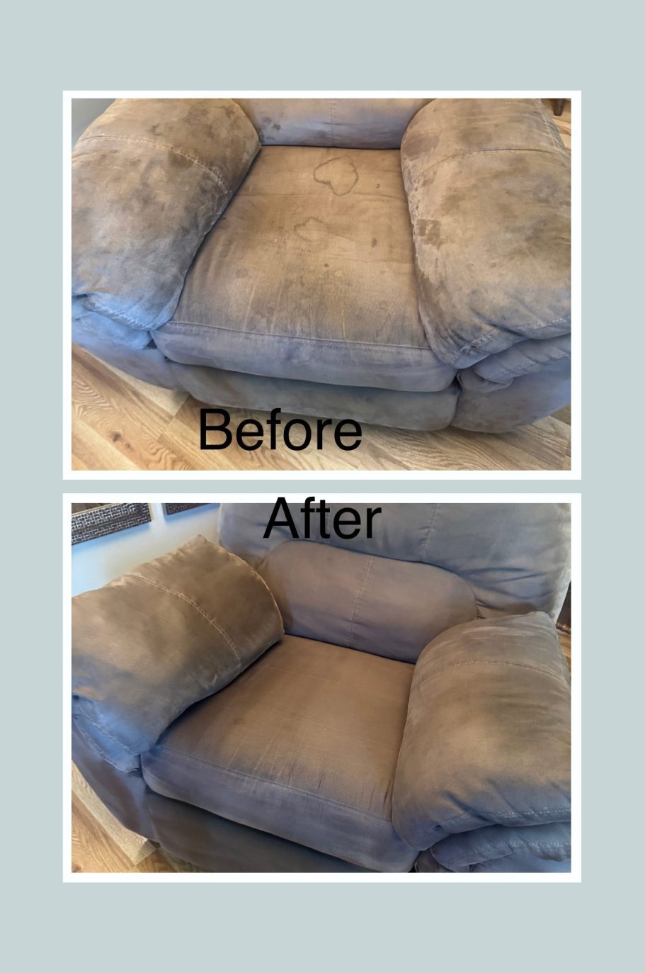 Comparison of a couch cushion labeled "Before" and "After" cleaning, showing noticeable improvement.