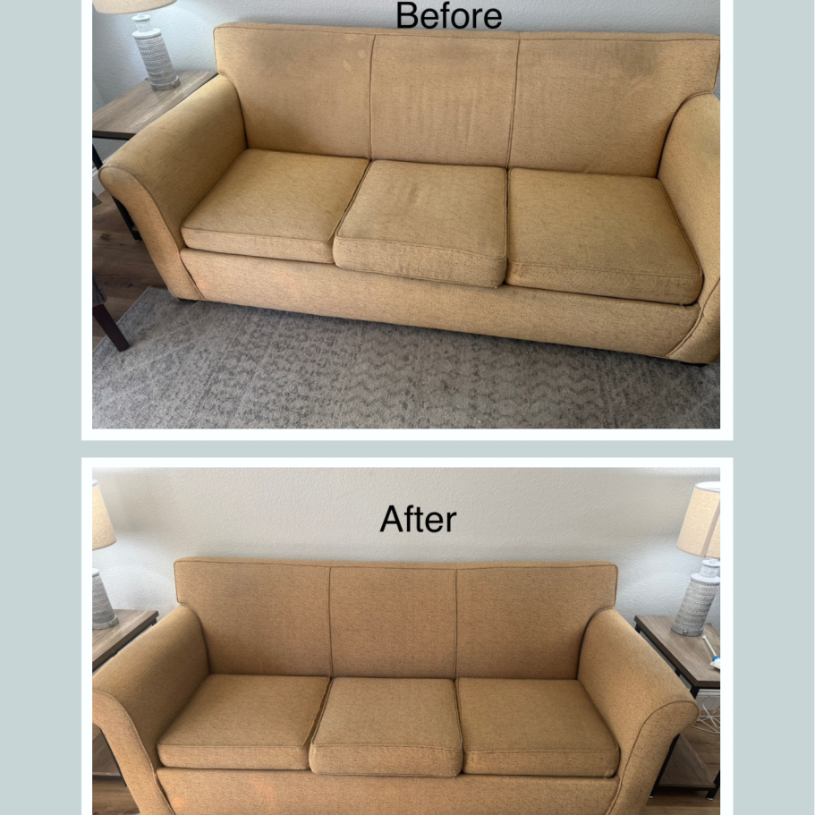 Comparison of a clean and newly upholstered sofa, showing before and after photos.