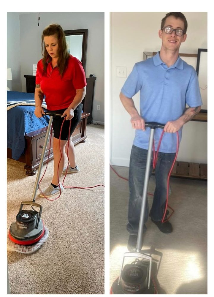 Two people using carpet cleaning machines in different indoor settings.